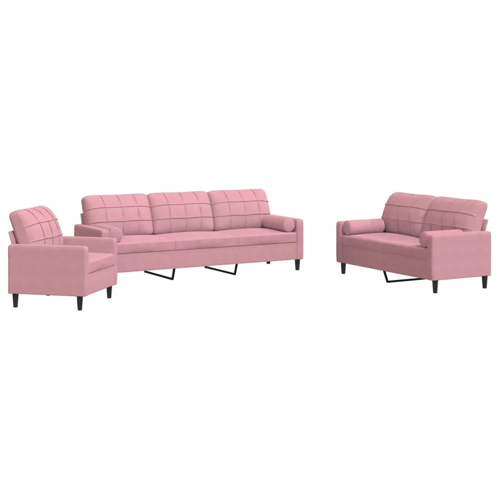 Set di Divani 3 pz con Cuscini e Rinforzi rosa in Velluto