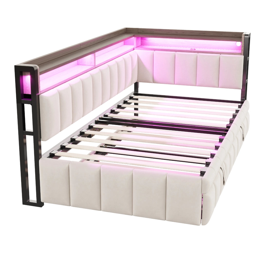 Divano letto estraibile 90x200 cm con LED, USB e USB-C in velluto beige