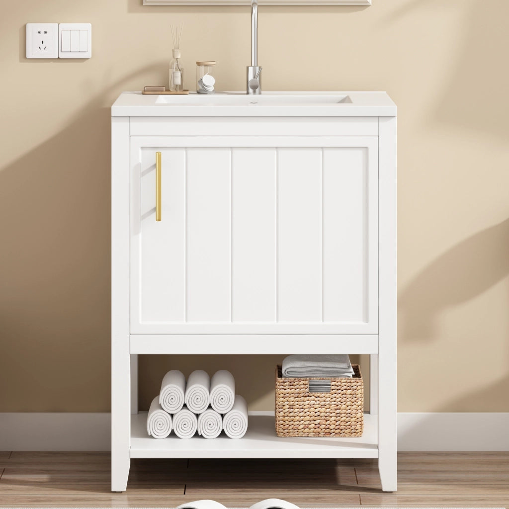 Mobile da bagno a terra con ripiani interni in MDF bianco; piedini con cuscinetti antiscivolo e maniglia