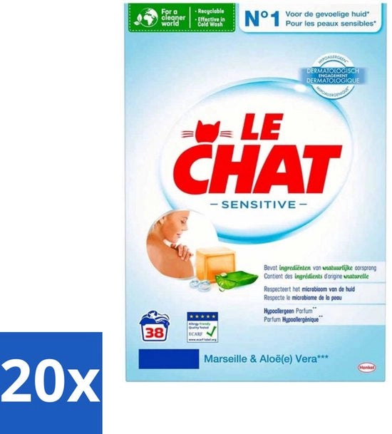 20 x Detersivo Sensibile - Polvere per Lavare - Bianco e Colorato - 38 Detersivi - Polvere per Lavare - Ipoadipeno - Pelle Sensibile - Sapone di Marsiglia - Aloe Vera