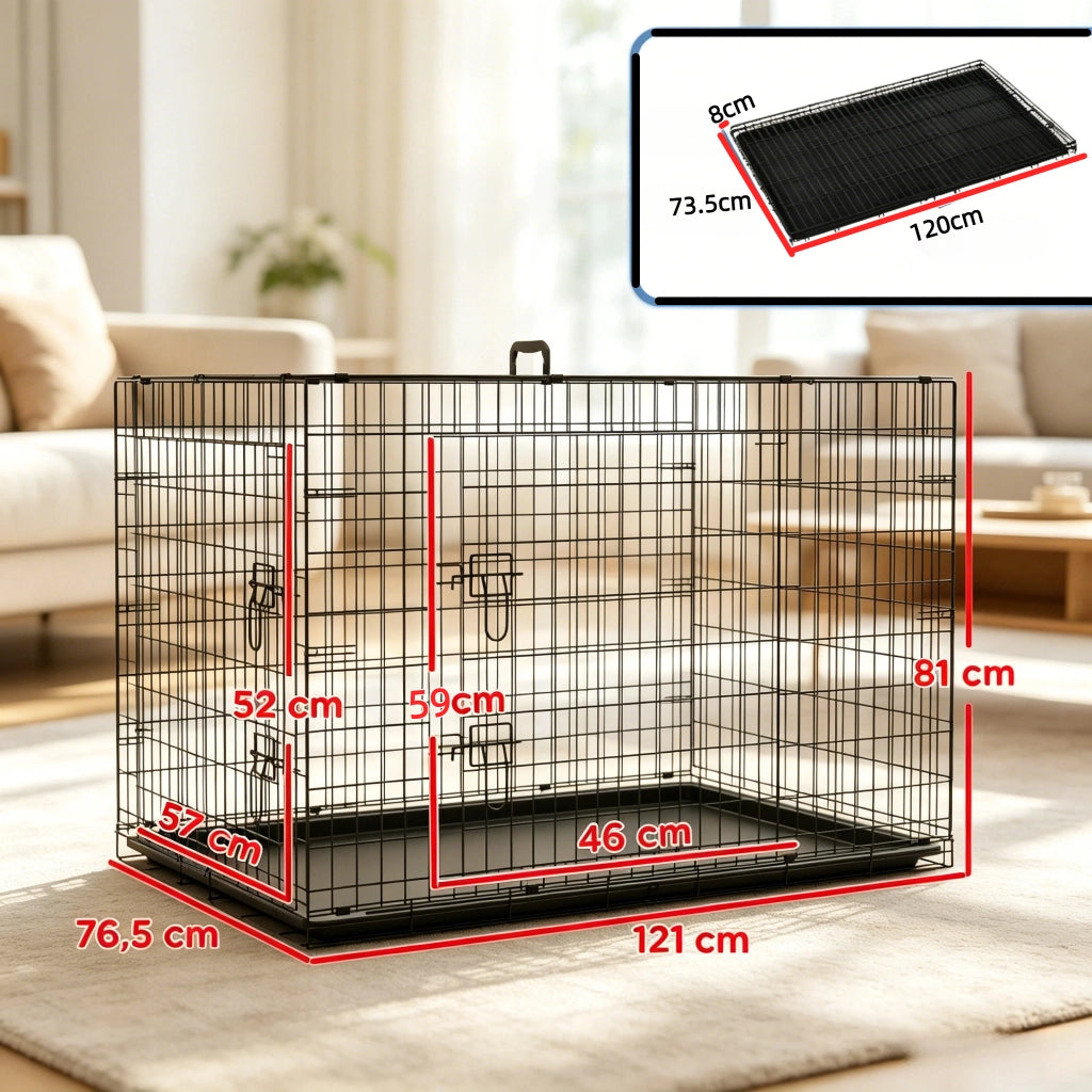 Gabbia per cani pieghevole con 2 porte bloccabili vassoio rimovibile maniglia in acciaio nero 121 × 77 × 82 cm