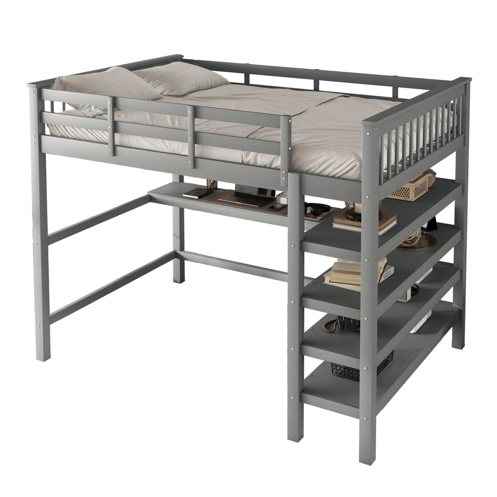 Letto a soppalco per bambini 140 × 200 cm 2 posti con scrivania e mensole; senza materasso; in pino e MDF; grigio