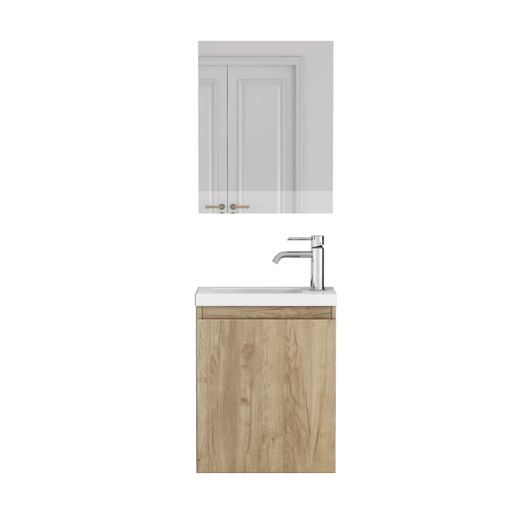 Mobile bagno sospeso 40 cm con lavabo in ceramica e specchio design senza maniglie in MDF colore rovere