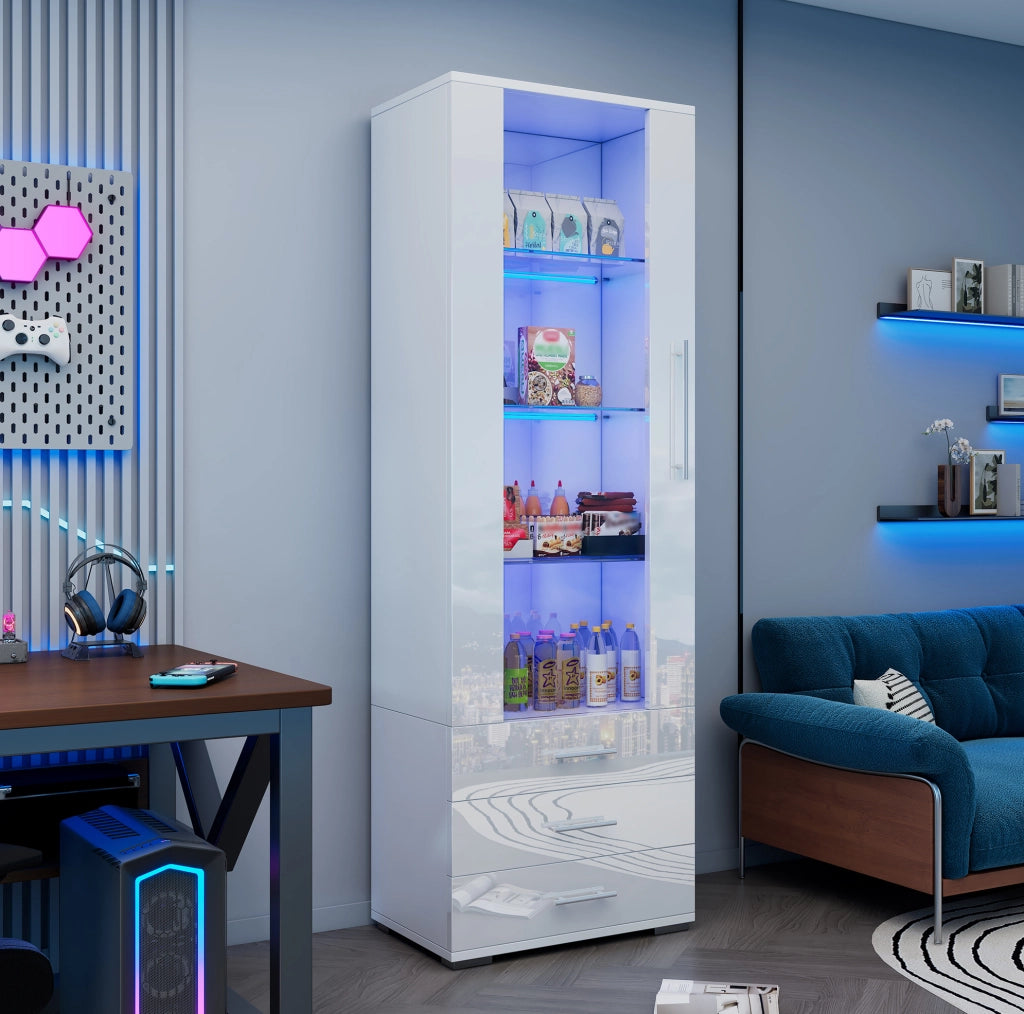Vetrina bianca lucida con LED e 3 cassetti