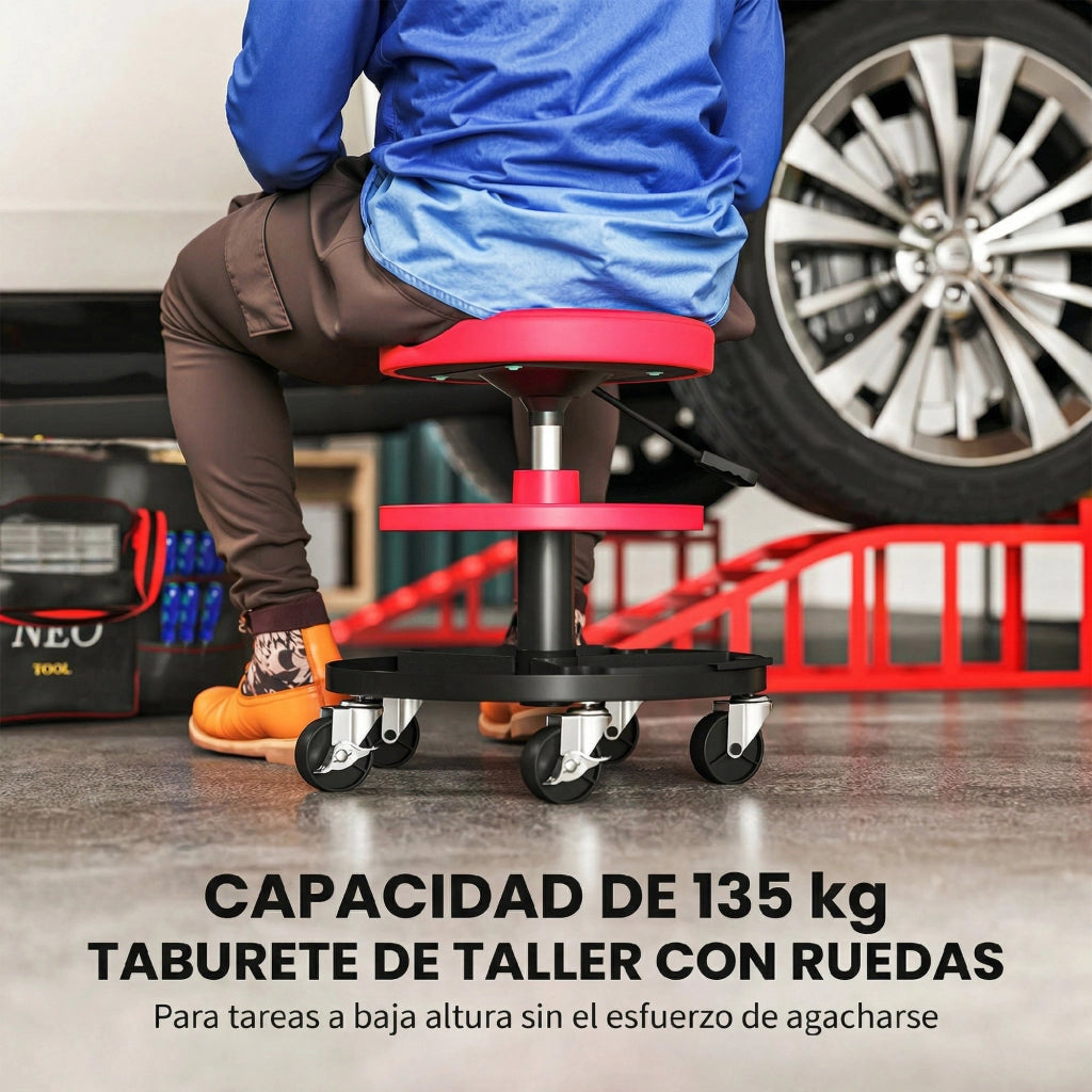 Sgabello da Officina Girevole con Ruote ¨C Xylo ¨C Altezza Regolabile 40-51cm Rosso