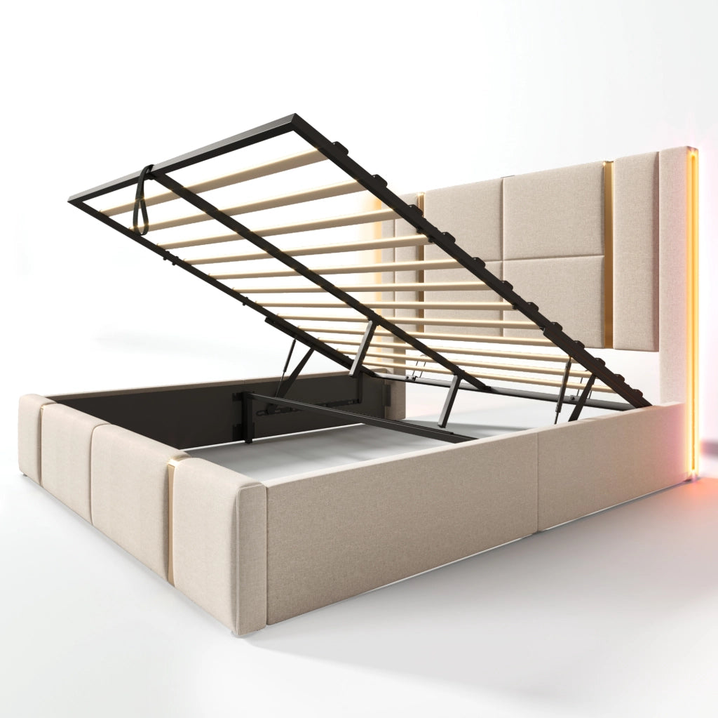 Letto  140x200 cm beige - LED, contenitore e USB-C, con materasso