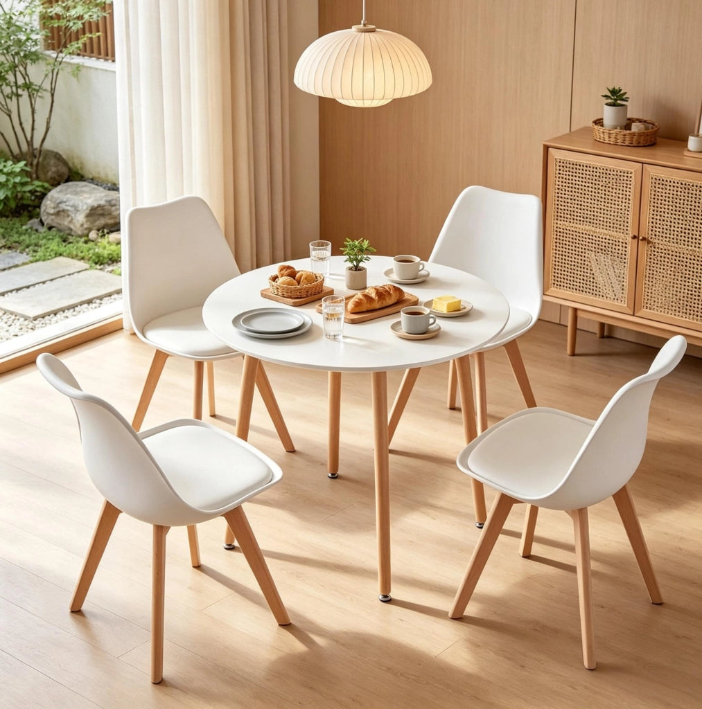 Set da Pranzo Moderno con Tavolo Rotondo Ø80 cm e 4 Sedie in Legno e Plastica