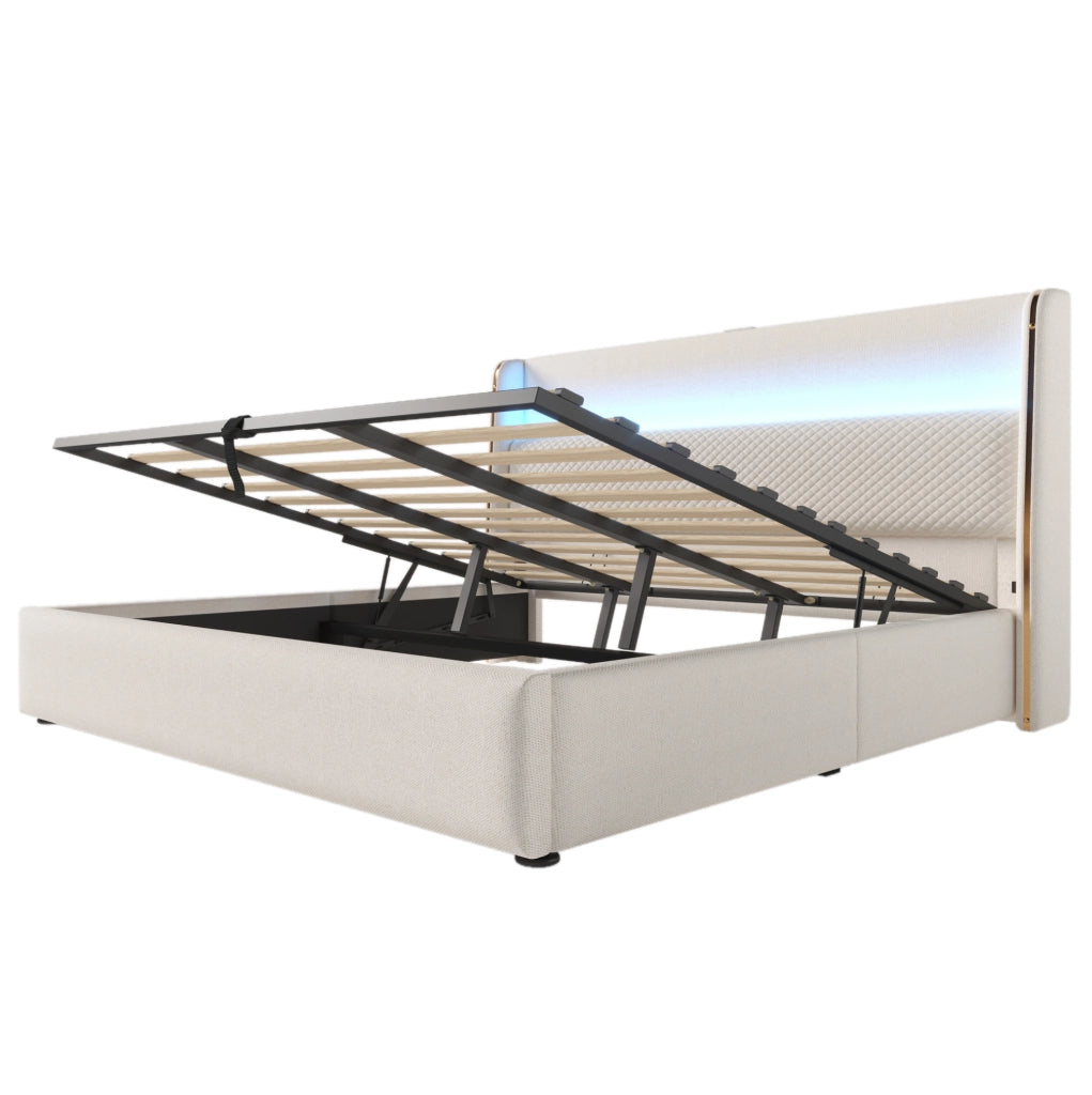 Letto matrimoniale 180x200 cm con contenitore; testiera alta in lino beige; LED; USB e matrasso
