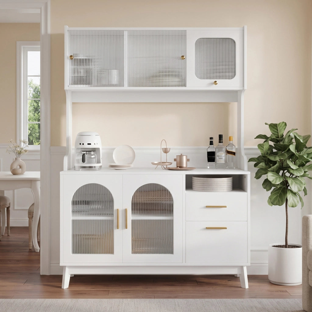 Credenza alta da pranzo con prese integrate e vetro acrilico ondulato; in truciolare bianco 120 × 40 × 178 cm