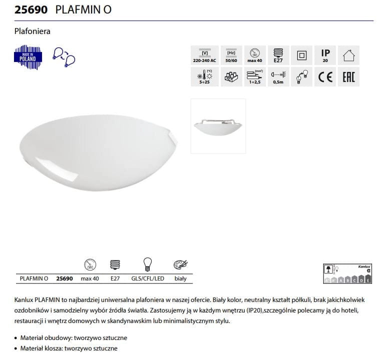 Plafoniera soffitto Kanlux PLAFMIN 25690 bianca E27 25cm