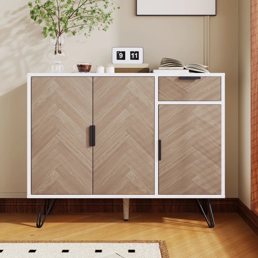 Mobile contenitore moderno bianco e effetto legno, 1 cassetto, ripiani regolabili in altezza (90 x 30 x 71,5 cm)