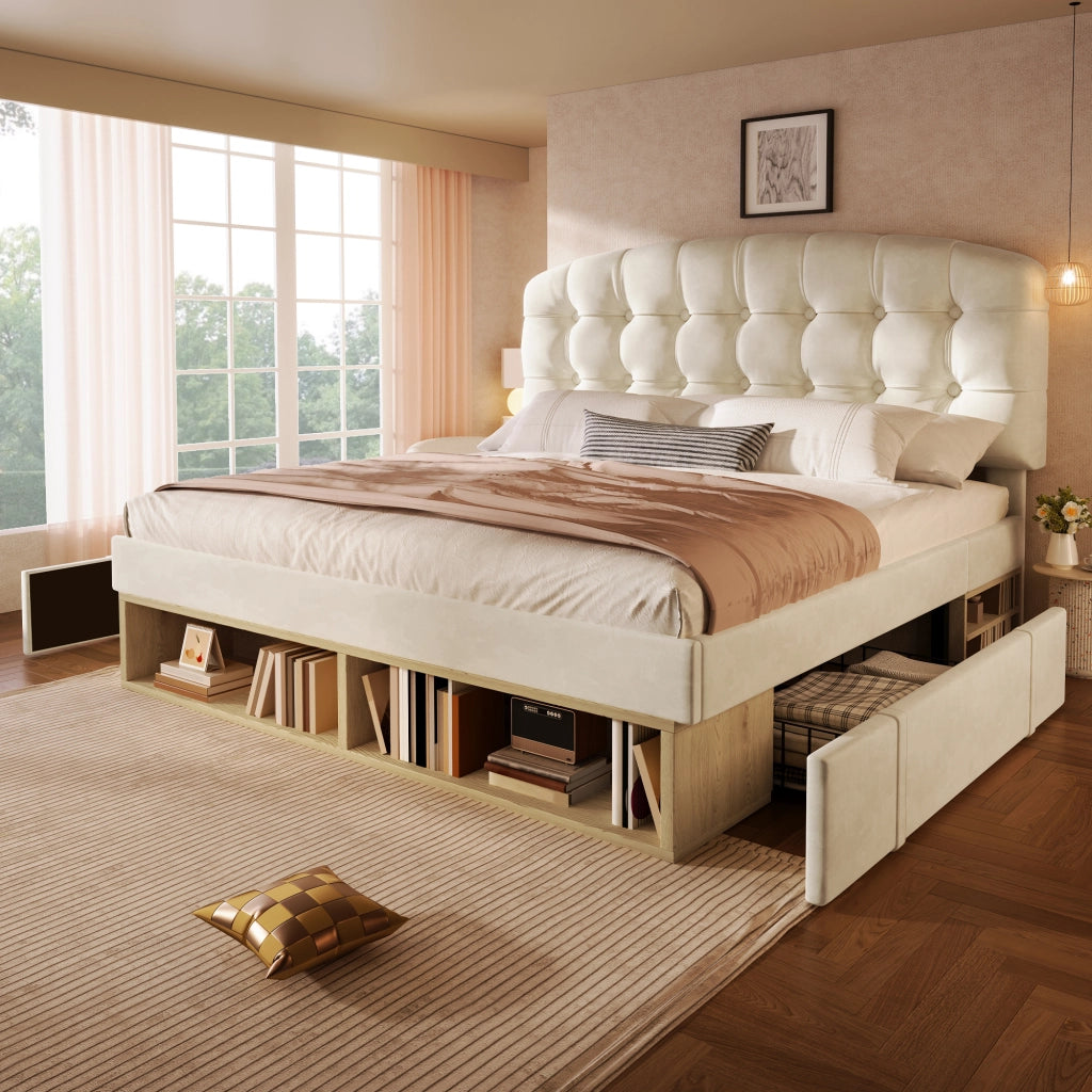 Letto matrimoniale imbottito 140 × 200 cm con rete a doghe testiera regolabile cassetti e vani contenitore beige