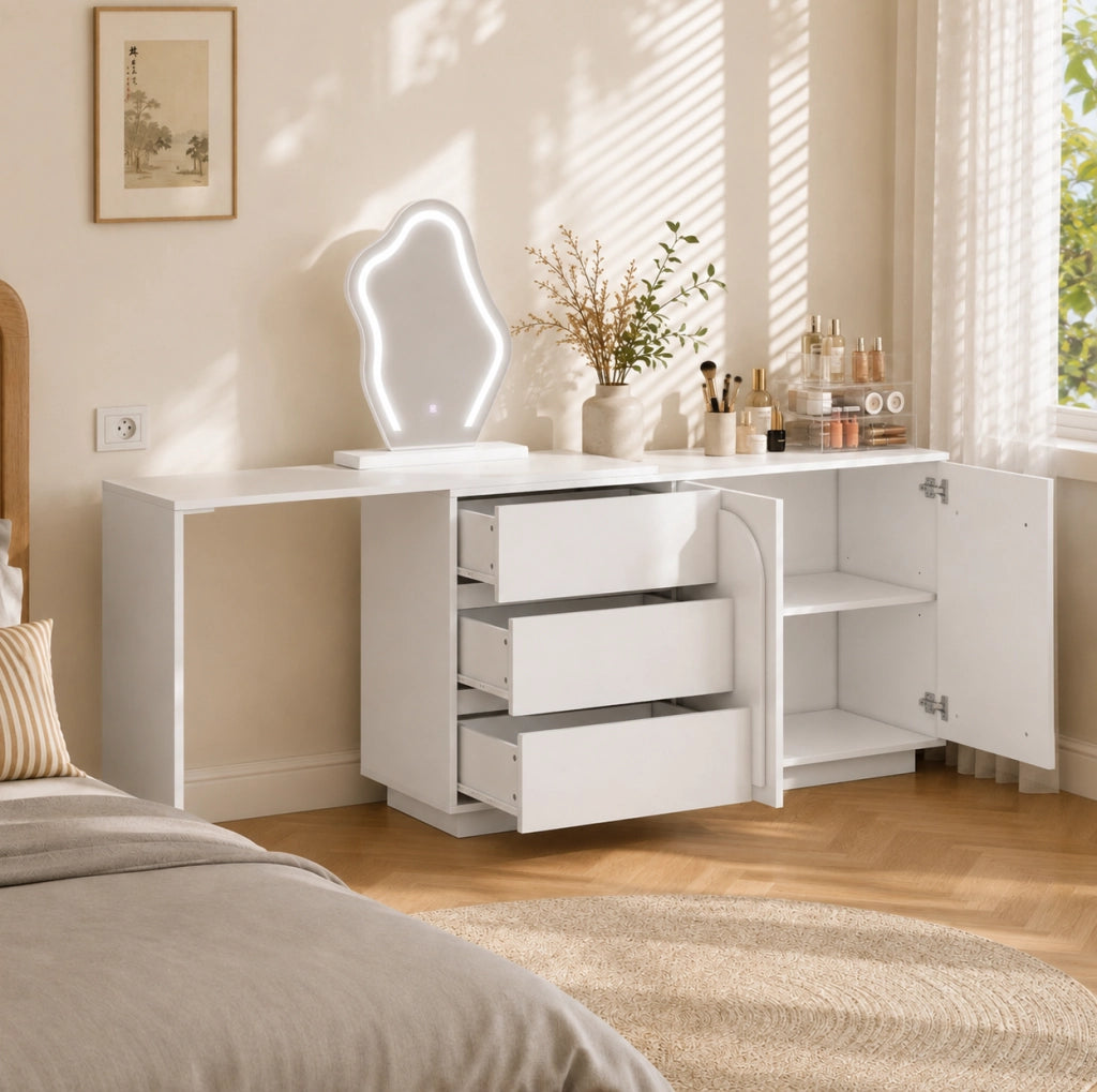 TOILETTE con specchio LED e piano estraibile 140x40x75 cm Bianca