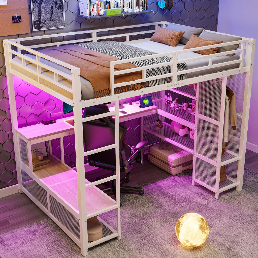 Letto a soppalco 140x200 con scrivania, LED e armadio