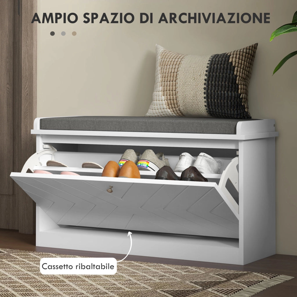Panca Scarpiera Salvaspazio con Cuscino e Cassetto Ribaltabile per 8 Paia di Scarpe, 80x26x44.5 cm, Bianco