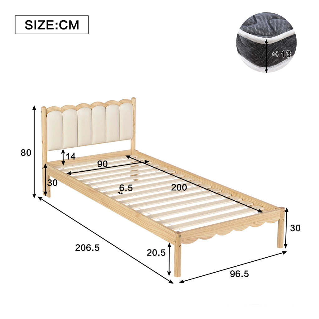 Letto singolo per bambini imbottito 90 × 200 cm con testiera in PU rete a doghe in legno beige e naturale