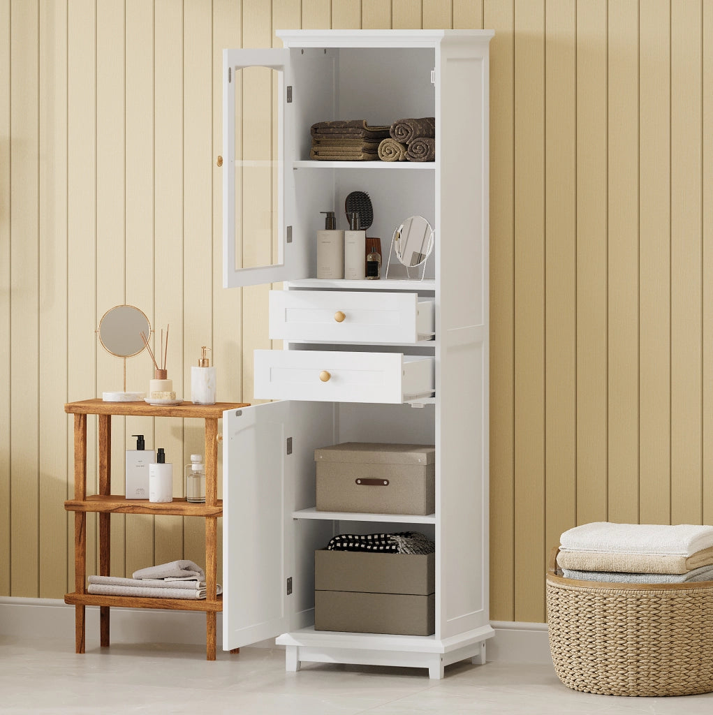 Mobile bagno alto 45x36x160 cm in MDF bianco con anta in vetro e 2 cassetti HAVRYA