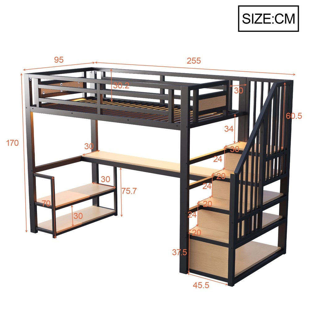 Letto a Soppalco in Metallo con LED, Presa, Ripiani e Tavolo ¨C Xylo ¨C Nero 90x200
