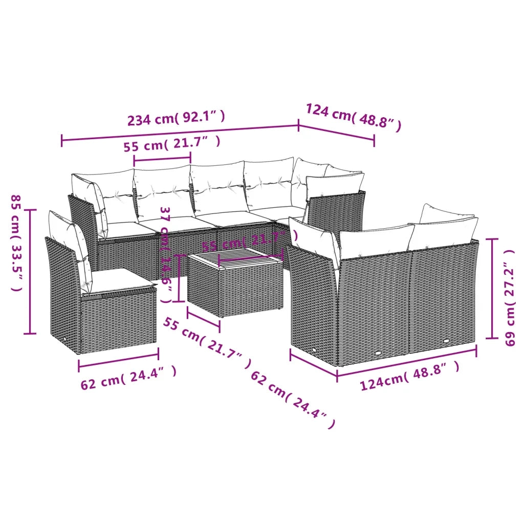 Set Divano da Giardino 9 pz con Cuscini Beige in Polyrattan 3223742