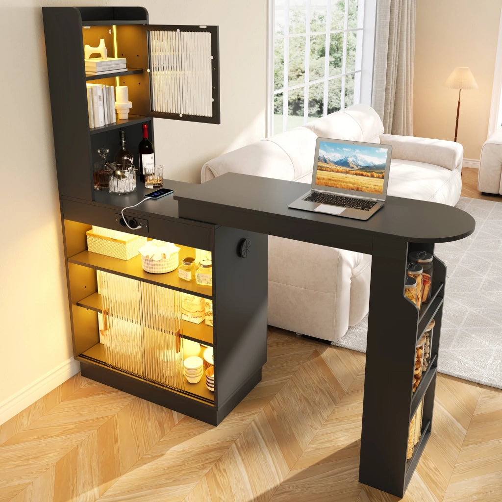 Bar allungabile con contenitore, credenza e armadio da cucina con ante in vetro, illuminazione LED con controllo app, presa, USB e USB-C, nero, 131–170 × 40 × 170 cm