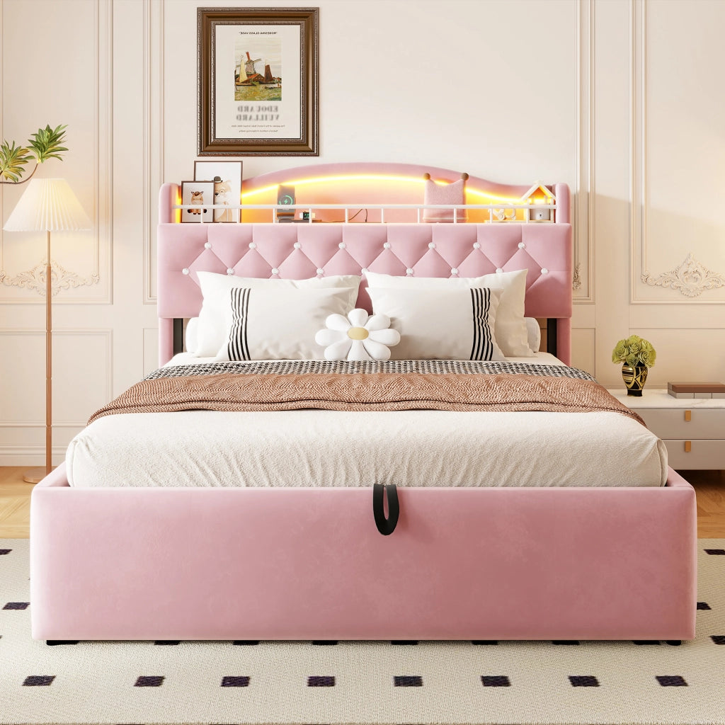 Letto contenitore 140 × 200 cm con sollevamento idraulico testiera in velluto rosa LED USB e USB-C struttura metallica
