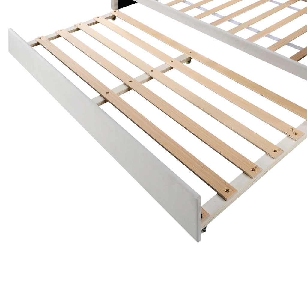 OKWISH Letto a Divano 90×200 cm, Letto Singolo con Letto Estraibile, LED Regolabile e Telecomando, senza Materasso, Velluto, Beige