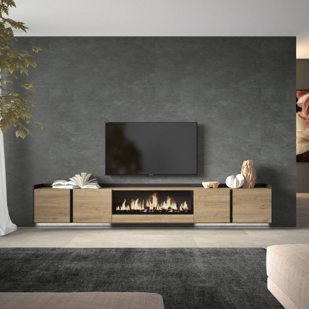 Mobile TV Soggiorno, 315x50x35 cm, Per TV fino a 80", Camino elettrico XXL, Sospeso, da appendere, LED, Rovere e nero