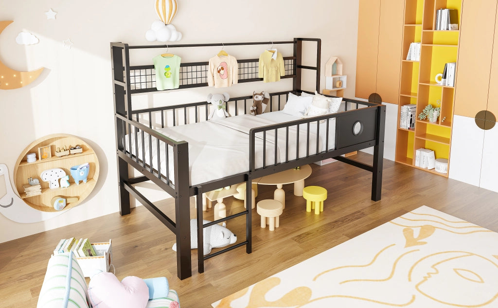 Letto a soppalco basso per bambini 90 × 200 cm in metallo e MDF nero con sponde alte ripiano e barra appendiabiti