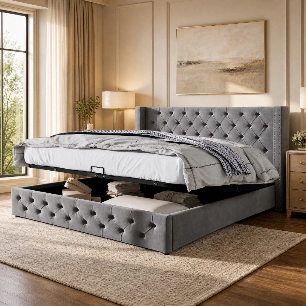 Letto matrimoniale 160x200 cm con contenitore idraulico in velluto; grigio