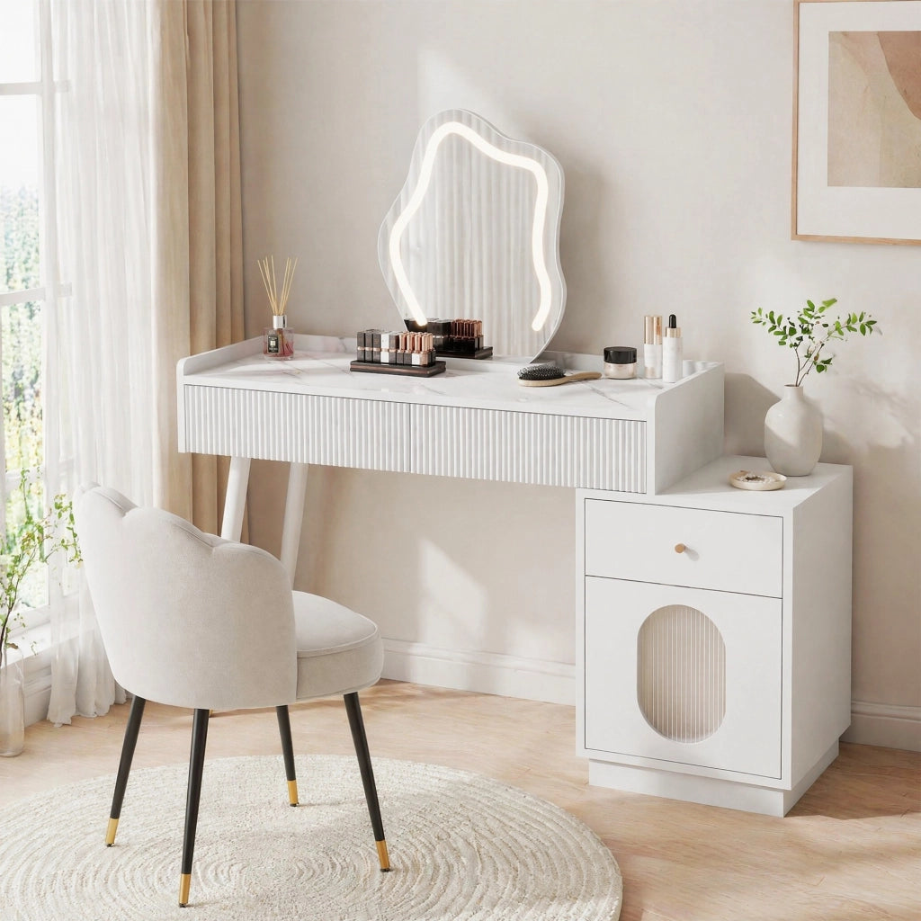 Toeletta bianca con LED touch, 2 cassetti e mobile laterale, 100x40x75 cm