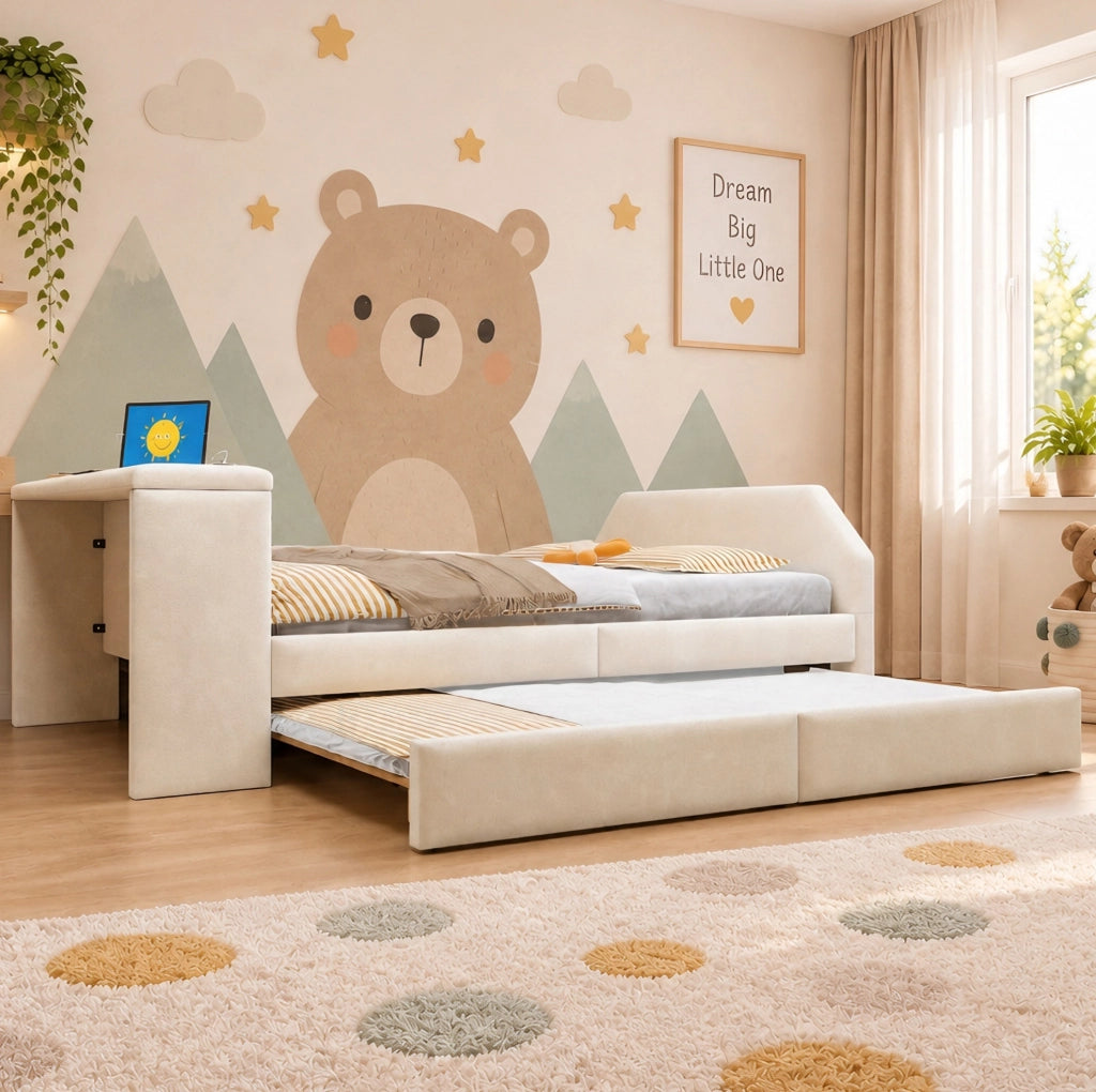 Letto imbottito 140x200 cm con scrivania, USB e letto estraibile in velluto beige