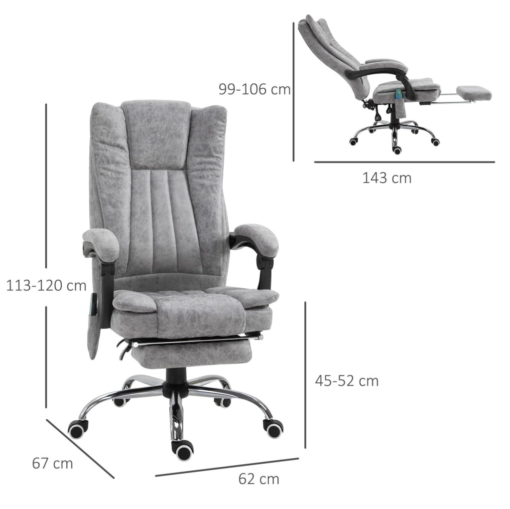 Poltrona da Ufficio con Funzione Massaggio e Riscaldamento, Poggiapiedi e Recliner Regolabile 62x67x113-120 cm Grigia