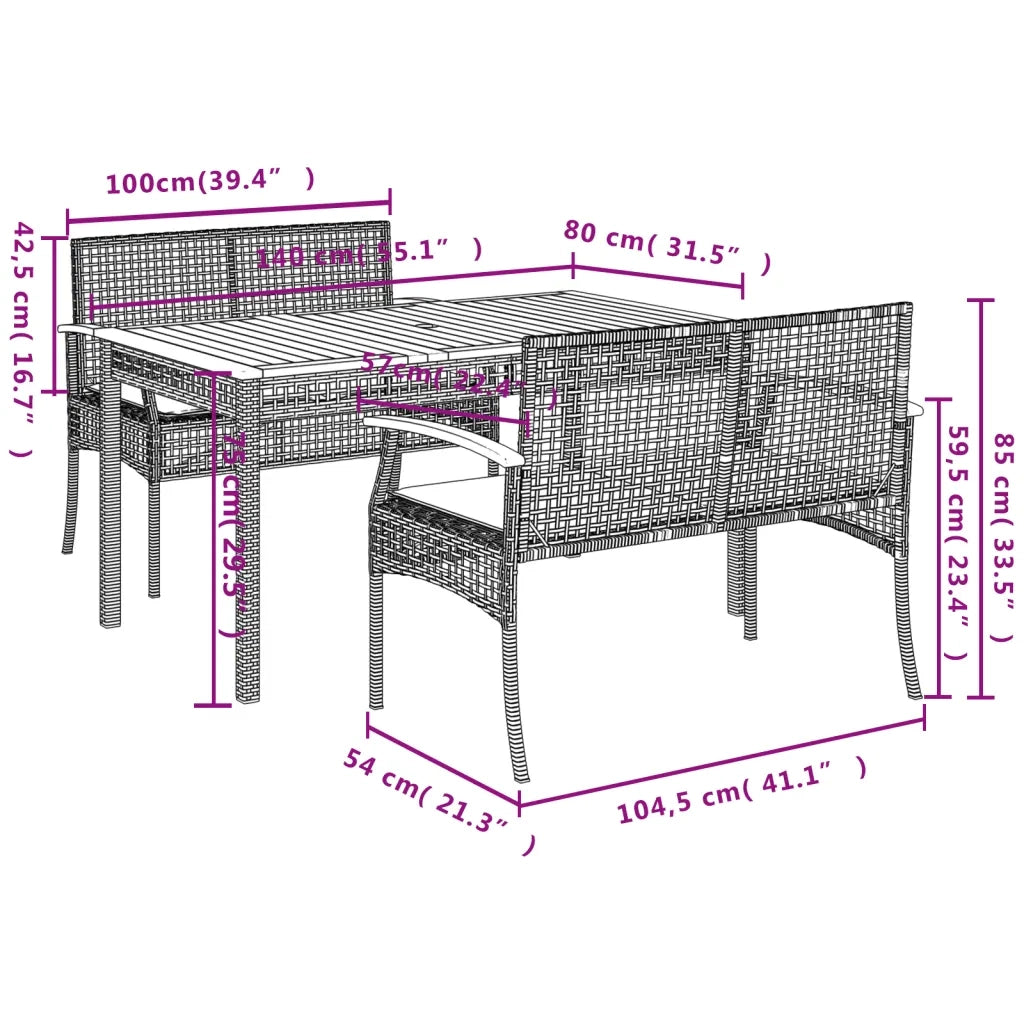 Set da Pranzo da Giardino 3 pz con Cuscini Nero in Polyrattan