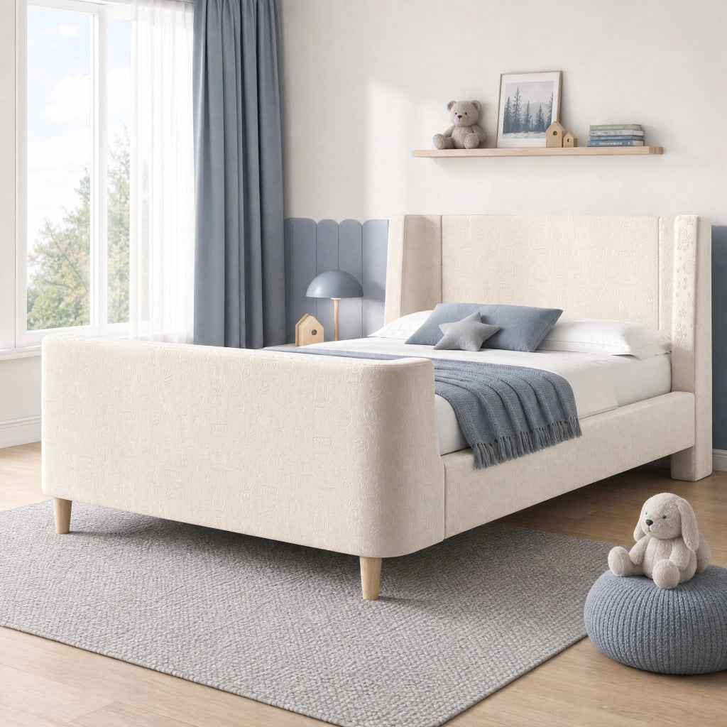 Letto a slitta per bambini 90x200 cm in velluto beige con motivo spaziale; rete a doghe