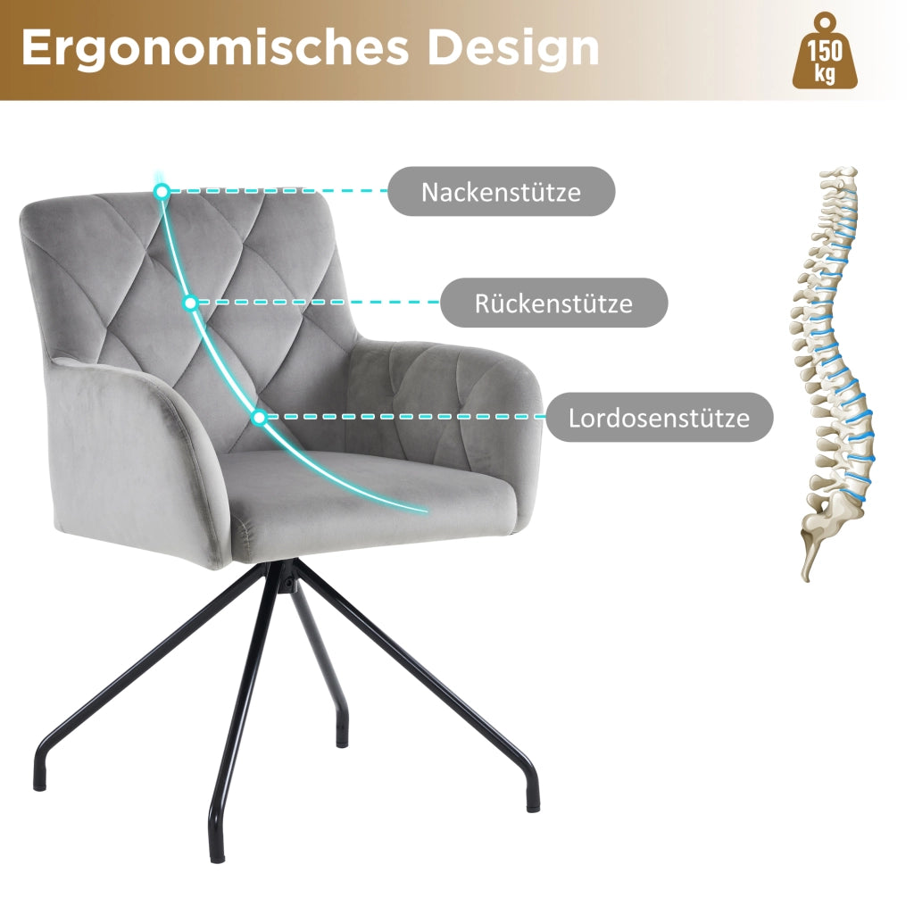 Sedia da sala da pranzo set di 2 con braccioli e schienale ergonomico, in velluto e metallo grigio chiaro