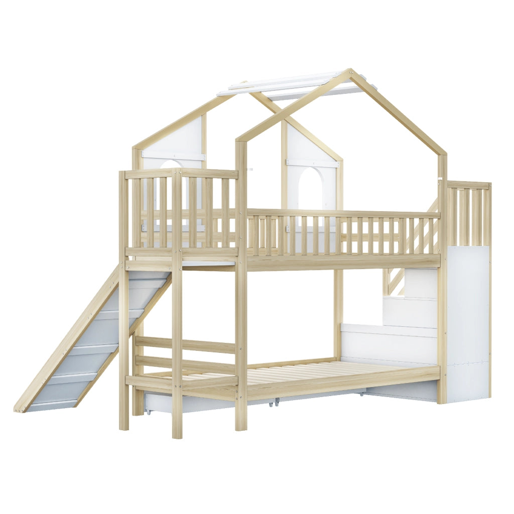 Letto a castello per bambini 90 × 200 cm 2 posti; con scivolo; scala contenitore e cassetti; senza materasso