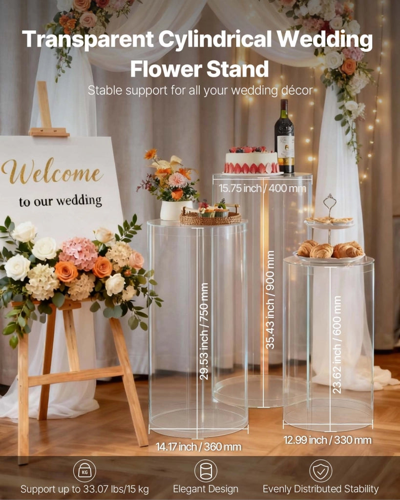 Set 3 Pezzi LJL-8025 Supporti Cilindrici per Fiori in Acrilico Trasparente Piedistalli per Matrimoni e Feste Robusti e Facili da Montare