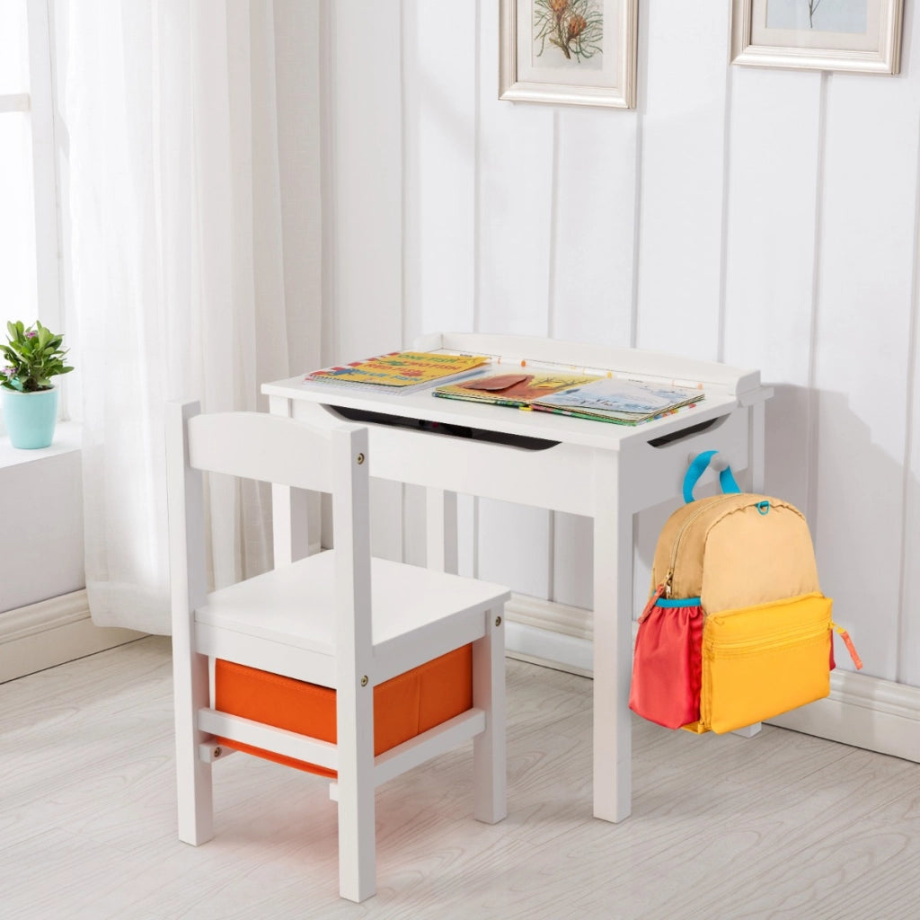 Set tavolo e sedia per bambini in legno massello, Scrivania ribaltabile con sedia per stanza giochi asilo Bianco