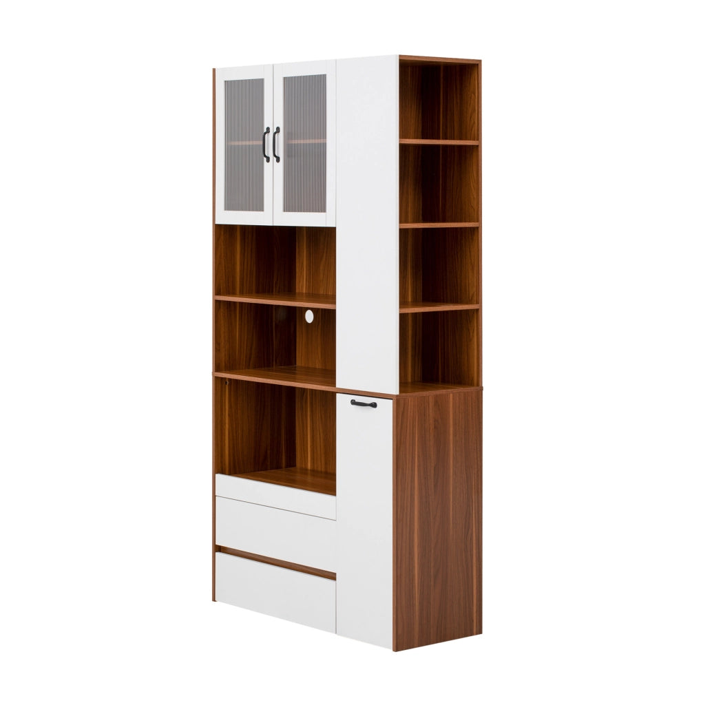 Highboard in MDF Weiß und Nussbaum mit verstellbaren Regalböden, Schubladen und Riffelglas, 100x40x200 cm, ideal für Esszimmer und Küche