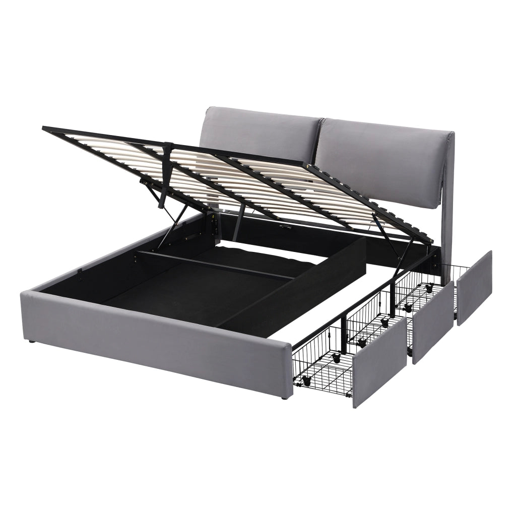 Letto imbottito grigio in velluto 160x200 con contenitore, 3 cassetti e rete a doghe, senza materasso