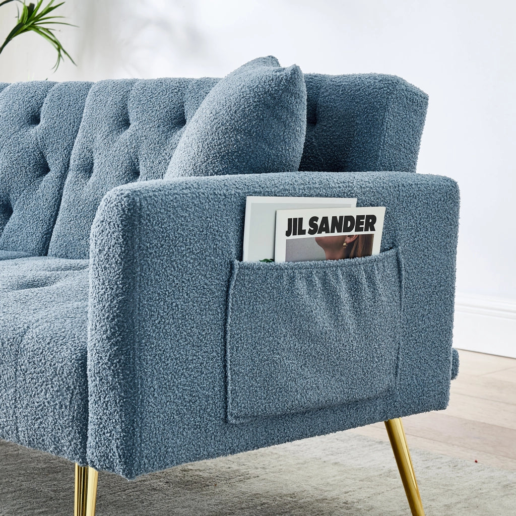 Divano letto 2 posti in tessuto teddy blu con schienale regolabile e 2 cuscini