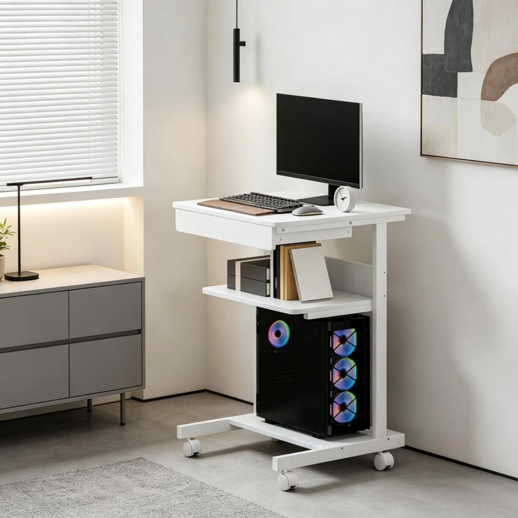 Scrivania per computer con ruote, scrivania 56 x 51 cm con stoccaggio, cassetto, scomparto e supporto CPU per ufficio e home office (solo scrivania per computer)