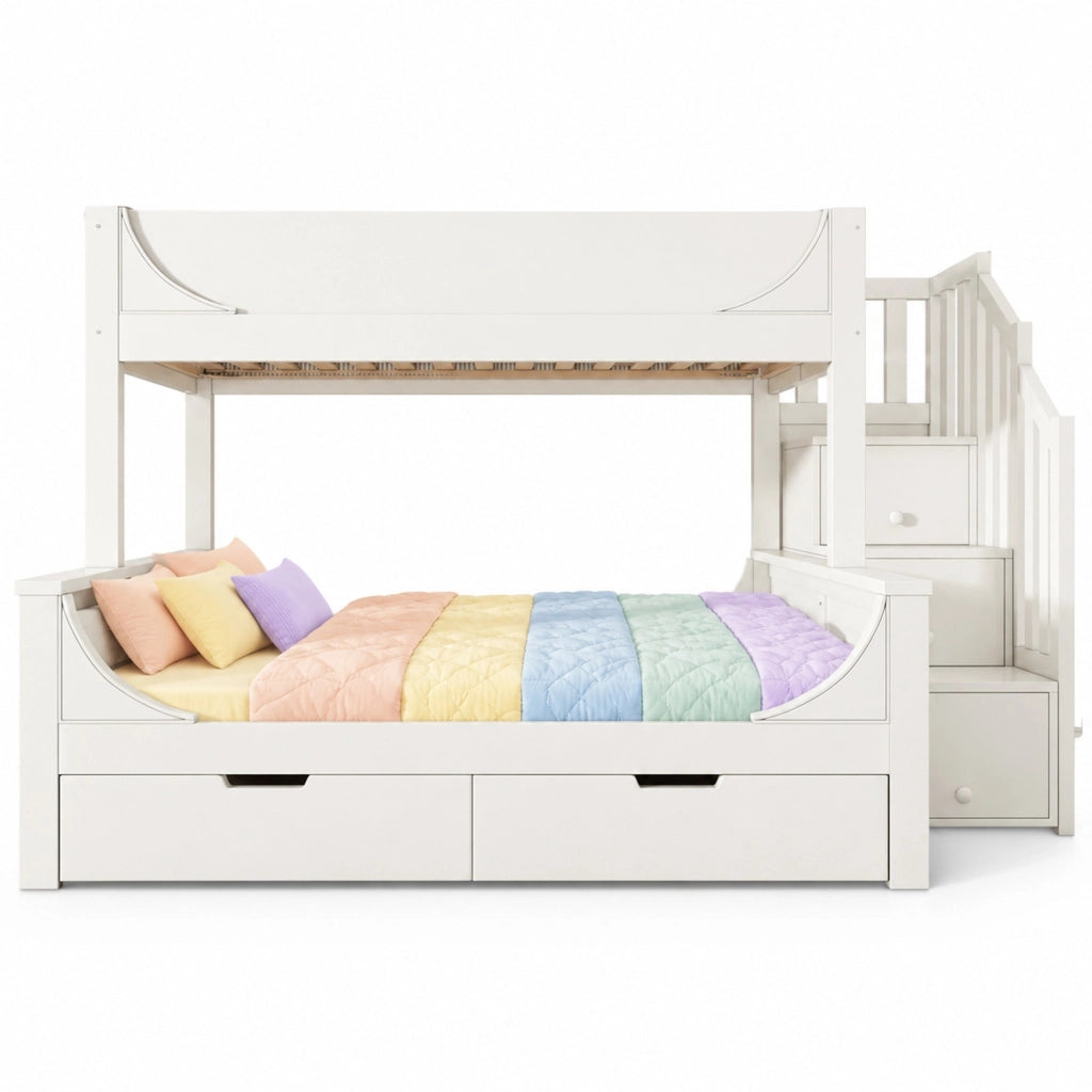 Letto a castello per bambini con armadio scala cassetti legno MDF e metallo bianco
