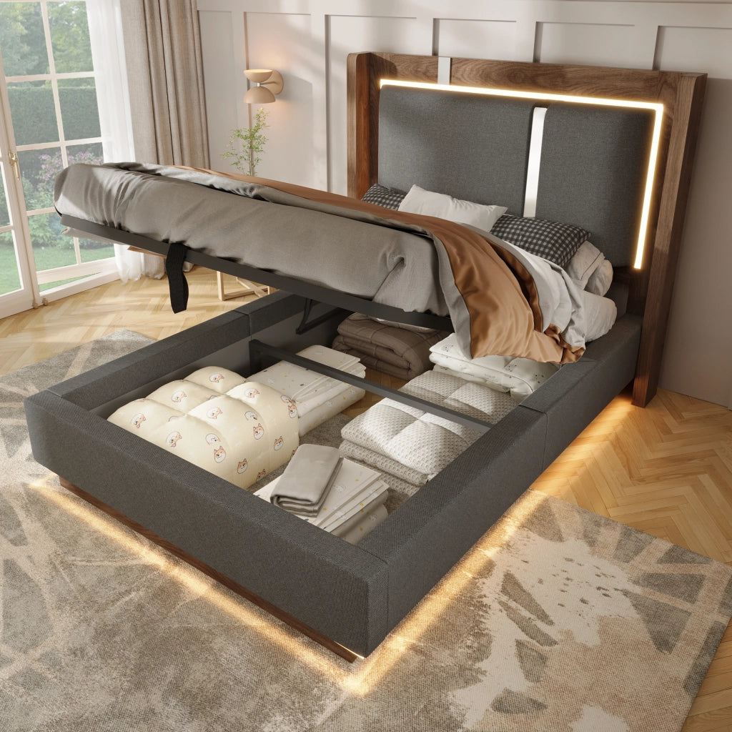 Letto contenitore singolo 90 × 200 cm con LED regolabile e sollevamento idraulico; senza materasso; grigio noce