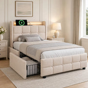 Desviae Letto Singolo 1 Posto con 2 Cassetti, USB, Prese e LED Regolabile 90 × 200 cm, Senza Materasso, Beige