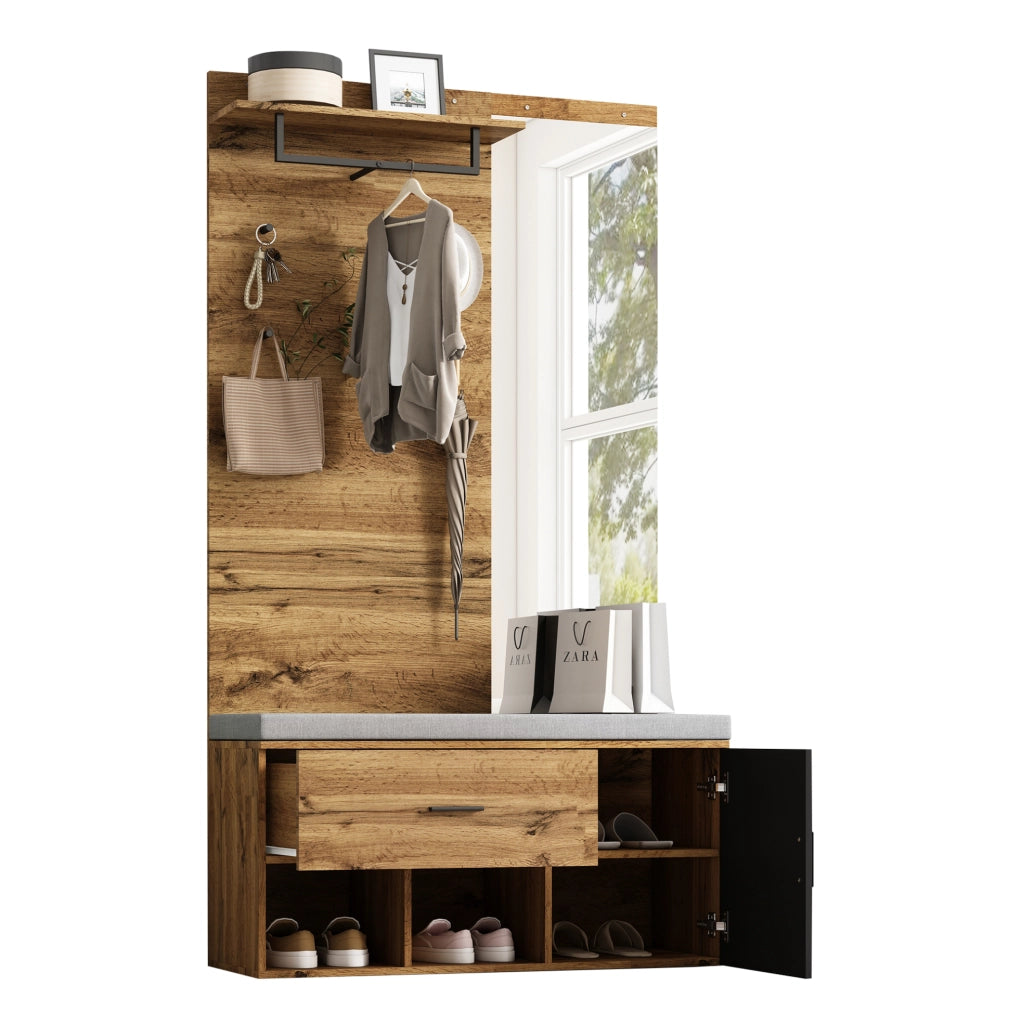 Set guardaroba 190 cm in effetto legno con specchio, panca imbottita 104 x 39 cm, armadietto scarpe, cassetto, mensola e appendiabiti