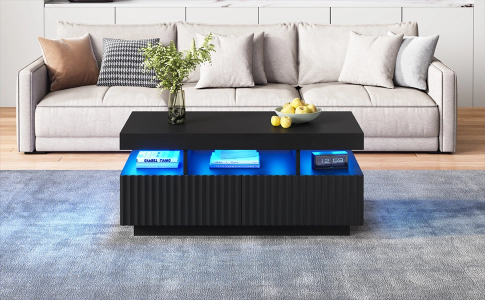 Tavolino da salotto nero 100x50x45 cm con due cassetti e LED