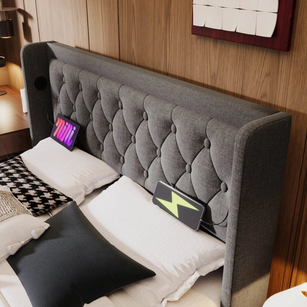 Letto matrimoniale imbottito 180x200 cm grigio in cotone con testiera imbottita, funzione di ricarica USB Tipo-C e contenitore idraulico, illuminazione LED su 3 lati (senza materasso)