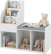 Libreria Montessori per Bambini con Panca Imbottita
Angolo Lettura con Scaffale a 3 Ripiani, 3 Scomparti Portaoggetti e Spazio Nascosto, Salvaspazio, 80 x 29,5 x 81,5 cm