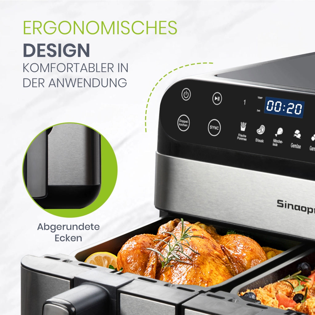 Friggitrice ad aria 10 l a doppio cestello indipendente 2400 W con display LED touch e 8 programmi colore nero
